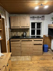 a kitchen with wooden cabinets and a sink at Ferienhütte Admont in Admont