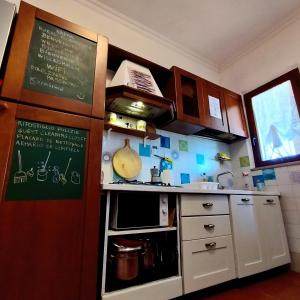 a kitchen with a chalkboard on the wall at Karma Rural Buenavista in Santa Marinella