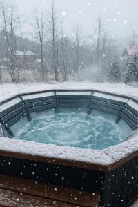 Un jacuzzi cubierto de nieve en un patio. en Zaviy, en Yaremche