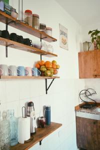 a kitchen with wooden shelves on the wall at Hostel en Córdoba Capital con excelente ubicación y ambiente cuidado -Casa Revol- Barrio Güemes in Cordoba +41 photos