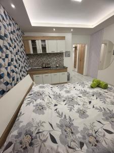 a kitchen with a large bed in a room at CS Apartment in Skopje