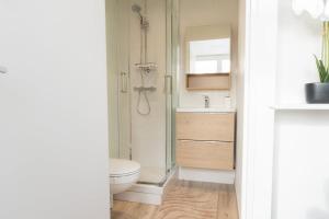 a bathroom with a shower and a toilet and a sink at Studio le Goya - Cosy & Lumineux in Thionville
