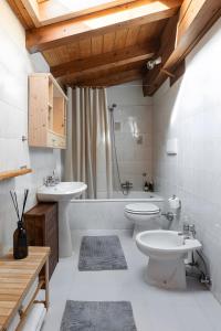 un bagno con lavandino, WC e vasca di Mansarda di charm Valli di Borzago a Mortaso Altre 36 foto