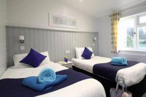 two beds in a room with blue pillows on them at 4 Bedroom Select Lodge with Park Facilities in Milford on Sea