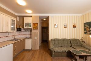 a living room with a couch and a kitchen at Apartment Amber Riga in Riga