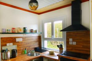 L'HERMITAGE maisonnette lake view beach 5 min walk في Bilieu: مطبخ مع طاولة ومغسلة ونافذة