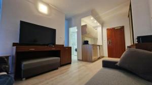 a living room with a flat screen tv and a couch at Drazdiak House Antolska Lake View in Bratislava