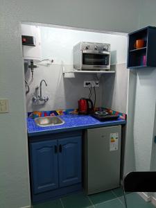 een kleine keuken met een spoelbak en een magnetron bij Magnolia Vintage in San Bernardo