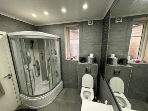 a bathroom with a shower and a toilet and a sink at Stort luksus Villa in Søborg +16 photos