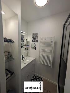 a white bathroom with a sink and a mirror at Gîte Charlot - Proche Futuroscope Aquascope in Migné-Auxances