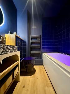 ein blaues Badezimmer mit Badewanne und Toilette in der Unterkunft Les Couleurs du Lac in Gérardmer