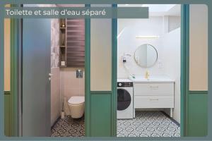 L'Allobroge - Charme & confort au cœur de Vienne في فيين: حمام مع مغسلة وغسالة ملابس