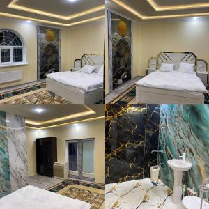 three pictures of a room with two beds and a bathroom at Хостел Истиклол in Fergana