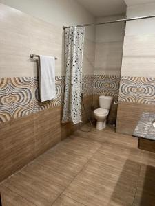 Un baño con inodoro y cortina de ducha en Ilva Hotel, en Lahore
