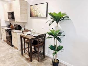 a kitchen with a table and a potted plant at Indigo Studio in Des Moines