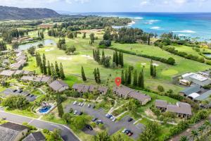 an aerial view of a resort near the ocean at The Beach Nook at Turtle Bay in Kahuku