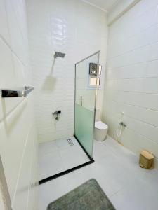 a bathroom with a glass shower and a toilet at Quiet Villa in Luxor +42 photos