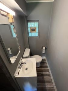 ein Badezimmer mit Waschbecken, Toilette und Spiegel in der Unterkunft By The Way Motel Lake Bluff in Lake Bluff