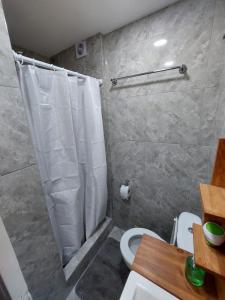 a bathroom with a shower curtain and a toilet at Sol y Luna Hospedajes 3 in San Bernardo +22 photos
