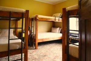 Tongariro Cottage - Hot Tub - Bring Your Dog! في Raurimu: غرفة بسريرين بطابقين في غرفة