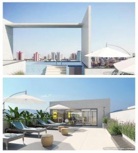 two pictures of a house with an outdoor patio at TESLA APT2-Pool, Air, gym, 24-hour portaria in São Carlos