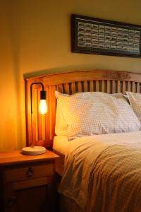 Tongariro Cottage - Hot Tub - Bring Your Dog! في Raurimu: غرفة نوم بسرير ومصباح على موقف ليلي