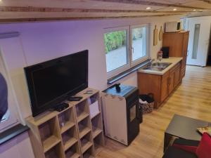 a living room with a flat screen tv on a wall at Ferien- und Monteurwohnung Grünstadt-Worms in Obrigheim