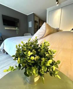 El CerrilloにあるDiseño y conectividad, tu espacio en Santiagoのベッドの横のテーブルに置かれた鉢植え