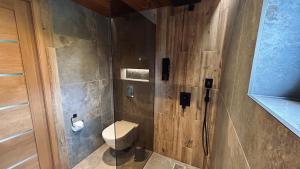 a bathroom with a toilet and a shower at Kolme Männi Kuubik in Otepää