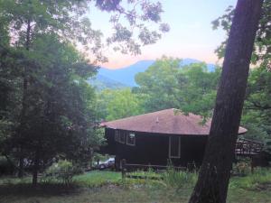 a cabin in the woods with mountains in the background at The Round House Views for Days! in Luray