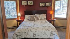 a bedroom with a large bed with two windows at The Round House Views for Days! in Luray +14 photos