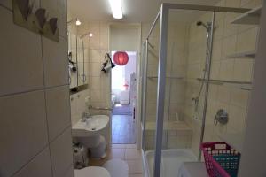 ein Badezimmer mit Dusche, Waschbecken und Toilette in der Unterkunft Hohes Ufer Mare Nostrum in Hohwacht