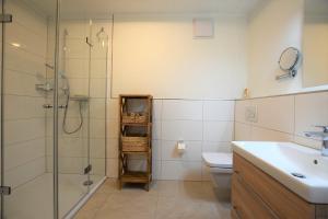 a bathroom with a shower and a toilet and a sink at Meeresblick "Seepferdchen" Haus 3 WE 42 in Hohwacht +22 photos