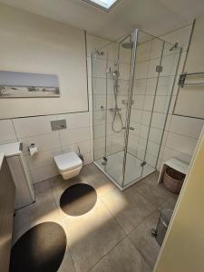 a bathroom with a glass shower and a toilet at Meeresblick Appartement 33 H3 WE 33 in Hohwacht +27 photos