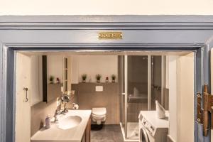 弗伦斯堡fewo1846 - Kaete-Lassen-Huus - uriges Häuschen auf 3 Ebenen mit Dachterrasse am Hafen的房间里有水槽和马桶的浴室 更多44张照片