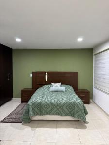 1 dormitorio con 1 cama grande y paredes verdes en Loft ideal para viajes de trabajo cerca del Poliforum, en León 12 fotos más