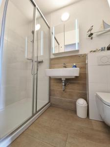 un bagno con lavandino e doccia di Vier Jahreszeiten Haus 2 Whg 27 a Grossenbrode Altre 5 foto