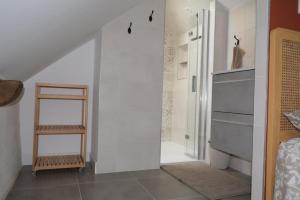 a bathroom with a walk in shower and a stair case at Les campanules in Lanvénec