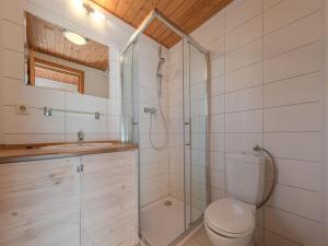 a bathroom with a shower and a toilet and a sink at Ferienhaus im Ferienpark Mirow in Granzow +31 photos