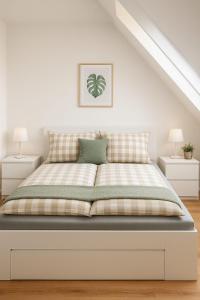 un letto in una camera bianca con due lampade di Dat-Fischerhuus-die-Seemannskoje-zwischen-Bodden-und-Ostsee-direkt-am-Hafen a Pruchten