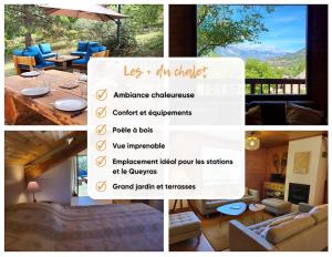 Un collage de fotos de una casa con un menú. en Chalet lumineux et spacieux entre Risoul Vars et les stations du Queyras, en Guillestre