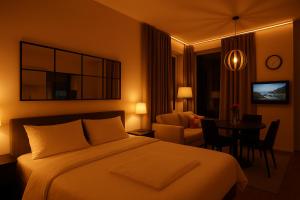 Una habitación de hotel con una cama y un comedor. en Nice guest apartment within walking distance to Kalmar central station, en Kalmar