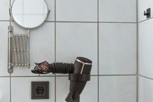エッカーンフェルデにあるHotel Seepferdchen Zimmer 1 Eckernförde Self-Check-Inの鏡の横の壁にドライヤー