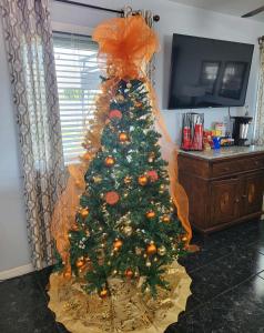 a christmas tree sitting in a living room at Venice Inn Motel in Venice