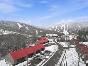 a small village with red roofs in the snow at The refuge of the slopes, ski in, ski out in Stoneham