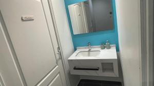 a bathroom with a white sink and a mirror at T3 moderne avec piscine proche de Family Plaza in Matoury +3 photos