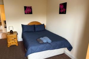 Un dormitorio con una cama con un edredón azul. en Apartment in Russet Court, Free Wi-fi and Parking, en Cork