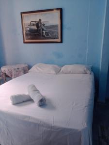 łóżko w niebieskim pokoju z obrazem na ścianie w obiekcie pousada top mix apt 302 w mieście Florianópolis