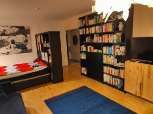 a room with two book shelves filled with books at Spacious Apartment in Kallio in Helsinki