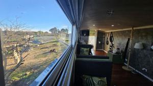 Zimmer mit Fenster und Blick auf ein Feld in der Unterkunft Bird Bus Chile - Descanso- Aventura - Comodidad in Chillán